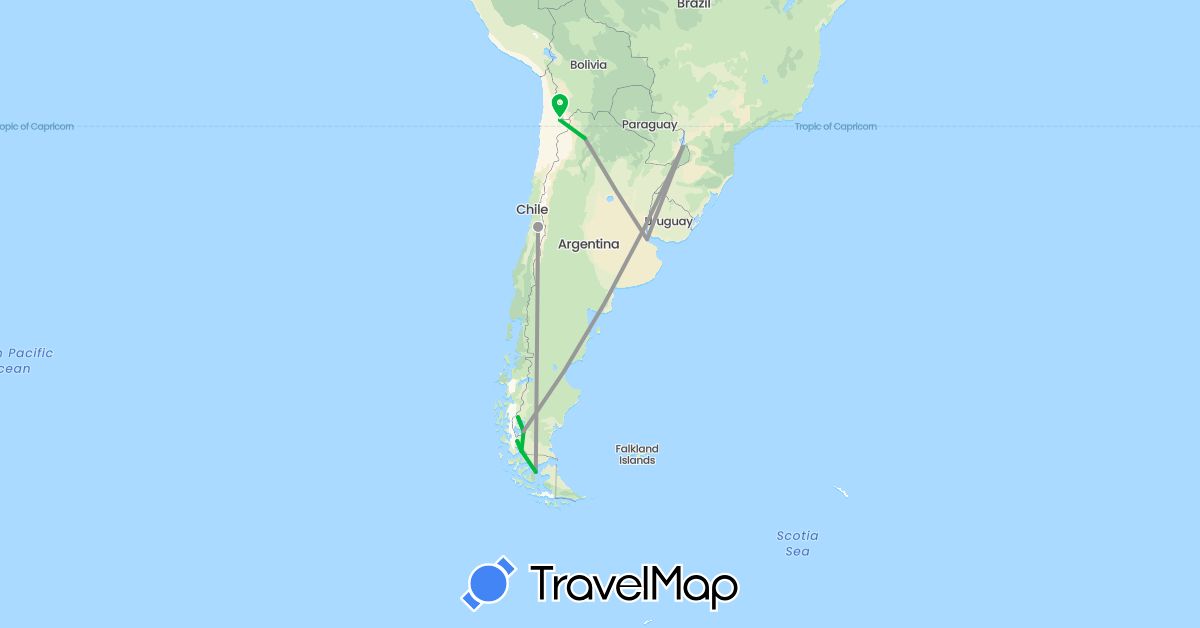 TravelMap itinerary: bus, plane in Argentina, Brazil, Chile (South America)